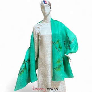 Grass green ramie scarf hand-painted with juniper and crane 70*190cm